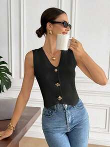 Chaleco elegante de mujer de unicolor con cuello en V sin mangas, decorado con botones metálicos, para verano, playa, vacaciones, estilo boho, tropical, casual, de oficina, de salida elegante, para la escuela y vacaciones, color albaricoque - Negro - Ver 3