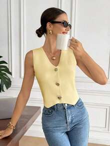 Chaleco elegante de mujer de unicolor con cuello en V sin mangas, decorado con botones metálicos, para verano, playa, vacaciones, estilo boho, tropical, casual, de oficina, de salida elegante, para la escuela y vacaciones, color albaricoque - Amarillo - Ver 3
