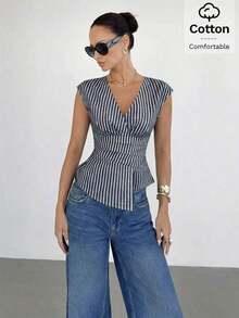 Blusa de mujer con cuello en V a rayas, plisada y con bajo asimétrico - Azul marino - Ver 5