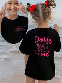 1 Piece Girls' Short Sleeve T-Shirt, Summer Style, With "Daddy + Me" Cartoon Print With Fist And Heart, Double-Sided Print, Versatile Casual Top NY-DX4322180g 100% Cotton - 黑色 - 查看 6