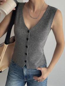 Chaqueta de mujer sin mangas con cuello en V, ajustada, de estilo casual de calle - Blanco - Ver 2