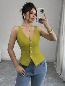 Camiseta sin mangas de un solo pecho de unicolor casual para mujer - Verde 3 - Ver 1