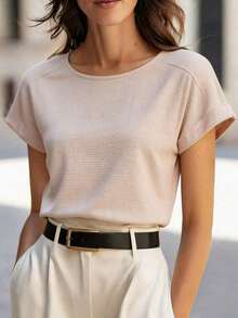 Camiseta con mangas de murciélago a rayas, informal, camisetas gráficas de verano para mujeres - Albaricoque - Ver 6