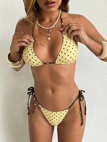 Conjunto de bikini de 2 piezas con estampado de lunares, traje de baño sexy para fiestas y festivales de música, atuendo de playa para vacaciones de mujer - Amarillo - Ver 4