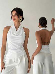 Camisa elegante de oficina para mujer, blusa asimétrica sin mangas con cuello halter y espalda descubierta, con botones decorativos ajustables, ajustada, negra, para oficina.Camisa de oficina para mujer, ropa de primavera/verano, elegante, sexy - Blanco - Ver 1