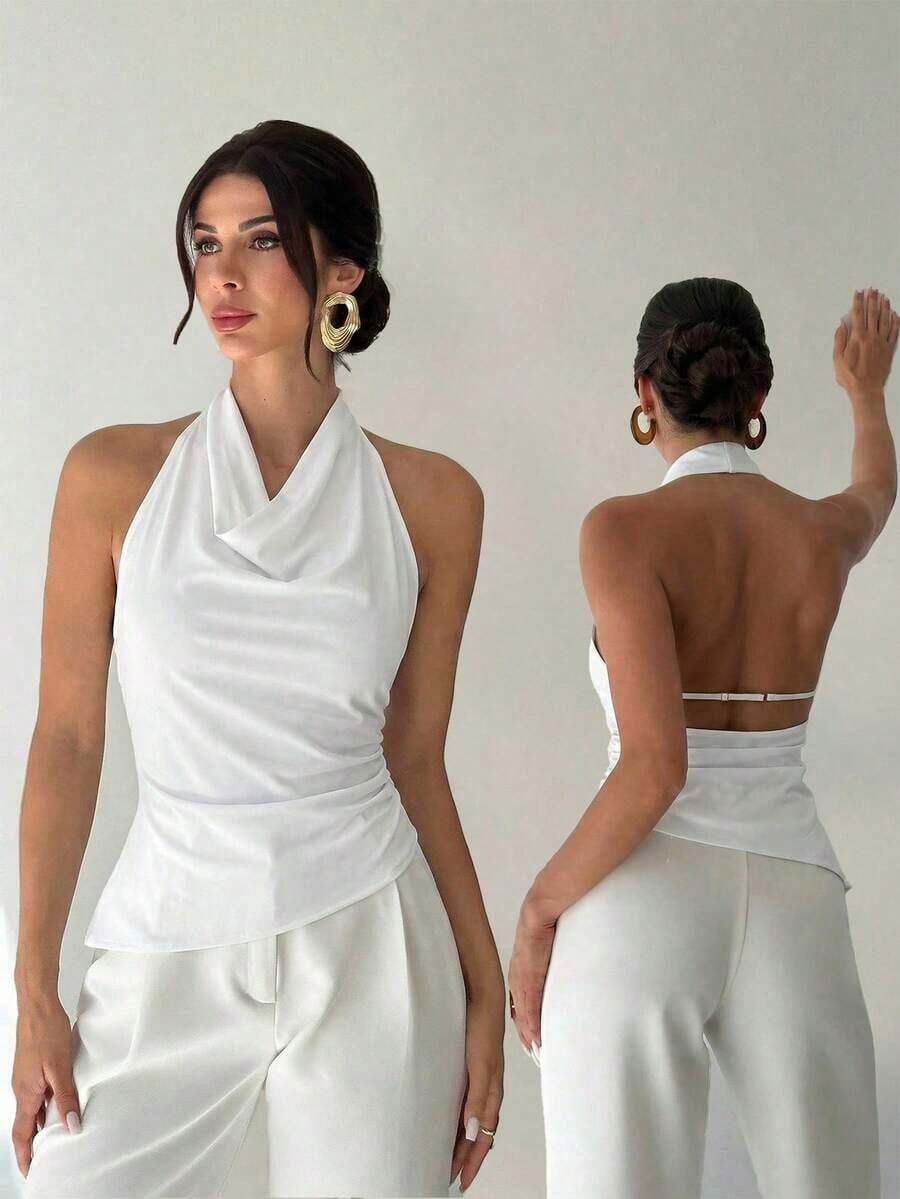 Camisa elegante de oficina para mujer, blusa asimétrica sin mangas con cuello halter y espalda descubierta, con botones decorativos ajustables, ajustada, negra, para oficina.Camisa de oficina para mujer, ropa de primavera/verano, elegante, sexy - Blanco - Ver 1