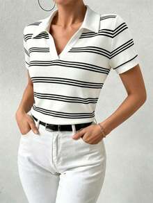 Camiseta de mujer con cuello polo, manga corta, estampado de lunares y parches - Blanco - Ver 3