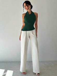 Camisa elegante de oficina para mujer, blusa negra ajustada con cuello asimétrico, sin mangas, halter, espalda descubierta, decoración de botones ajustables, ropa de primavera/verano, elegante, sexy - Verde Oscuro - Ver 8