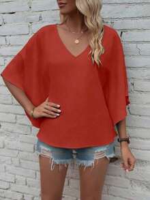 Camisa de manga de murciélago de unicolor casual, verano - Rojo - Ver 5