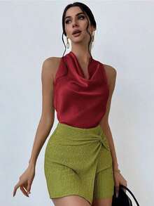 1 pieza Blusa de mujer con cuello de lazo en color albaricoque, minimalista y elegante, top sin mangas - Burdeos - Ver 7