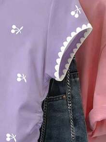 Blusa casual de mujer, con diseño estampado de cerezas elegante, cintura fruncida favorecedora, adecuada para verano, vuelta al colegio, uso diario, fiesta, cita, que llama mucho la atención - Morado - Ver 4