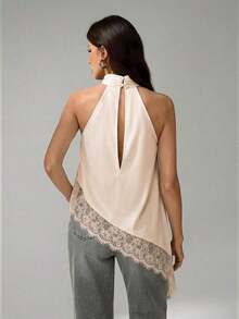 Tall Blusa sin mangas elegante y formal con cuello halter asimétrico, adorno de encaje y hombros descubiertos para fiesta, cóctel, boda o salida nocturna en primavera, verano y otoño - Albaricoque - Ver 2