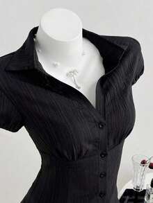 Camisa de mujer con cuello en V, cintura fruncida y manga corta, color blanco, para primavera/verano - Negro - Ver 3