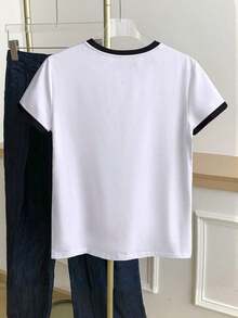 Camiseta casual de mujer con estampado de leopardo, patrón de corazón y bloqueo de color en cuello redondo - Blanco 4 - Ver 2