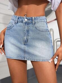 Minifalda vaquera casual de uso diario para mujer con bolsillos y botones - Azul 3 - Ver 7