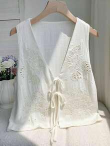 2026 Nuevo Top sin mangas con cuello en V, lazo delantero y bordado floral para mujer, ideal para vacaciones en la playa, uso casual, estilo Y2K de los 2000, primavera, graduación, fiesta de boda, vacaciones elegantes, San Valentín, carnaval, - Blanco 2 - Ver 1