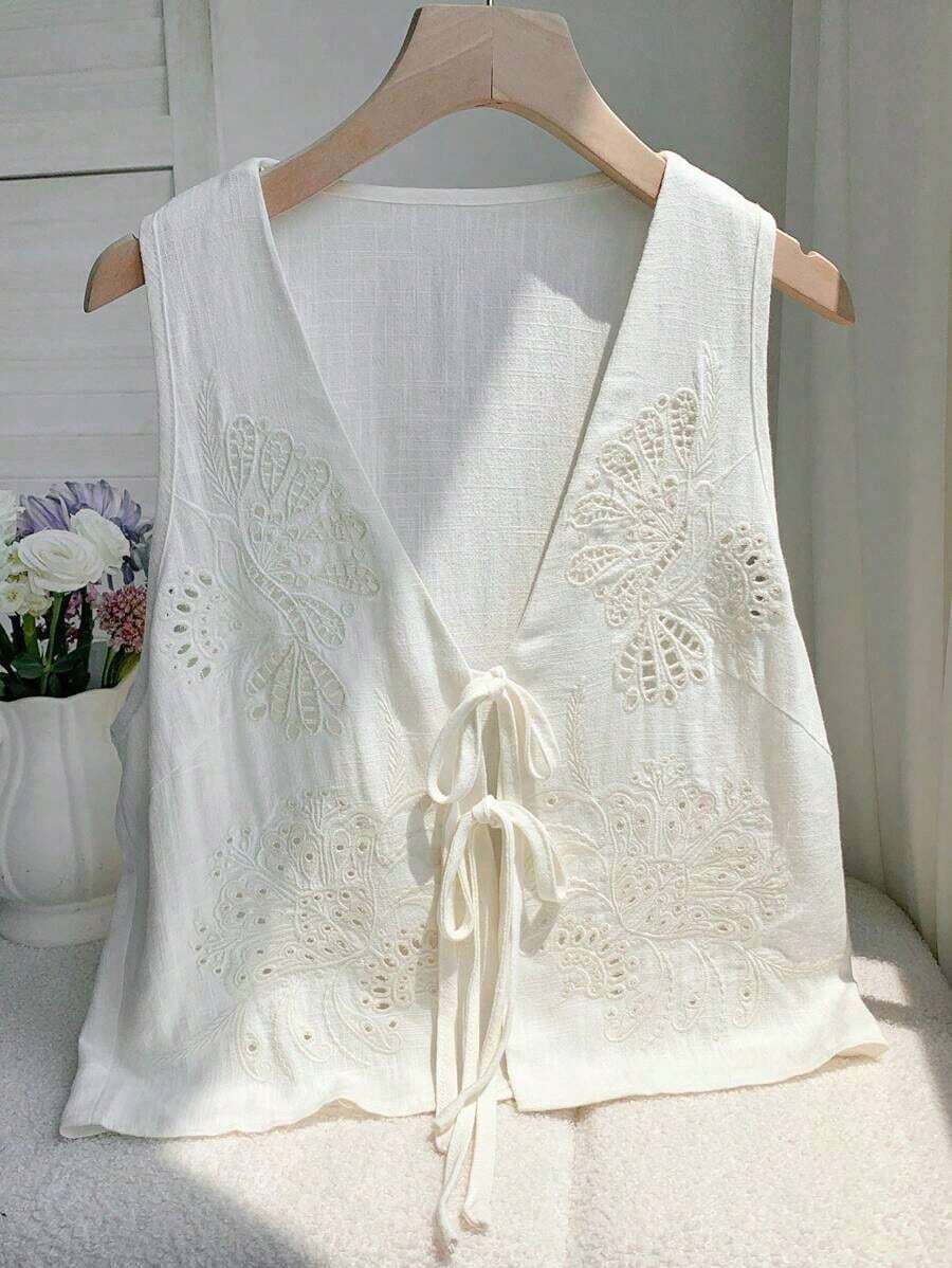 2026 Nuevo Top sin mangas con cuello en V, lazo delantero y bordado floral para mujer, ideal para vacaciones en la playa, uso casual, estilo Y2K de los 2000, primavera, graduación, fiesta de boda, vacaciones elegantes, San Valentín, carnaval, - Blanco 2 - Ver 1