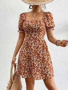Vestido casual de mujer con estampado floral ditsy para vacaciones - Café integral - Ver 6