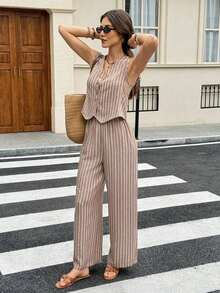 Frenchy 1 Conjunto de 2 Piezas: Top sin Mangas con Cuello en V y Botones Frontales y Pantalones Largos, Estilo Casual para Navidad y Verano - Marrón café 3 - Ver 6