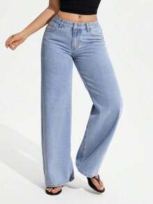 ICON Solid Color Wide Leg Pocket Jeans, Casual And Versatile - 淺色水洗 6 - 查看 5