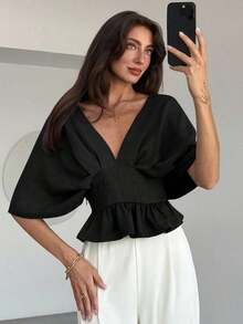 Blusa de manga de murciélago de unicolor elegante para mujer, de verano - Negro - Ver 7