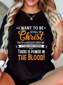 Women's Short Sleeve T-Shirt With Christian Graphic Print "Power In The Blood" - Casual Black Crew Neck Top, Machine Washable For All Seasons, Regular Fit, Comfortable, Inspirational, Semi-Sheer Material. - 黑色 - 查看 1