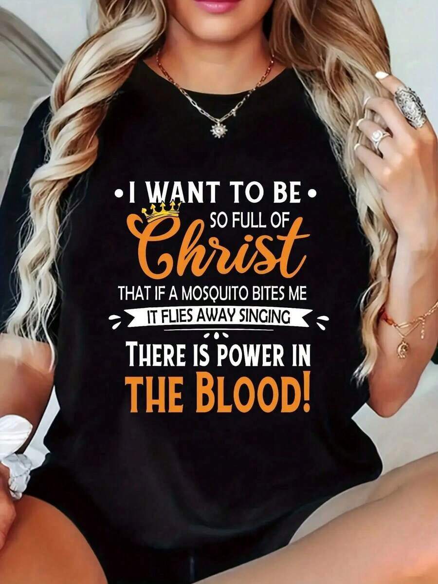 Women's Short Sleeve T-Shirt With Christian Graphic Print "Power In The Blood" - Casual Black Crew Neck Top, Machine Washable For All Seasons, Regular Fit, Comfortable, Inspirational, Semi-Sheer Material. - 黑色 - 查看 1