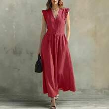 Vestido midi de mujer elegante y casual con cuello en V tres botones y bolsillos  y  caliente - Burdeos - Ver 3