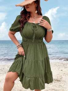 Clasi Vestido corto de manga corta en color burdeos de uso diario, sencillo y liso para mujeres de talla grande - Verde militar - Ver 3