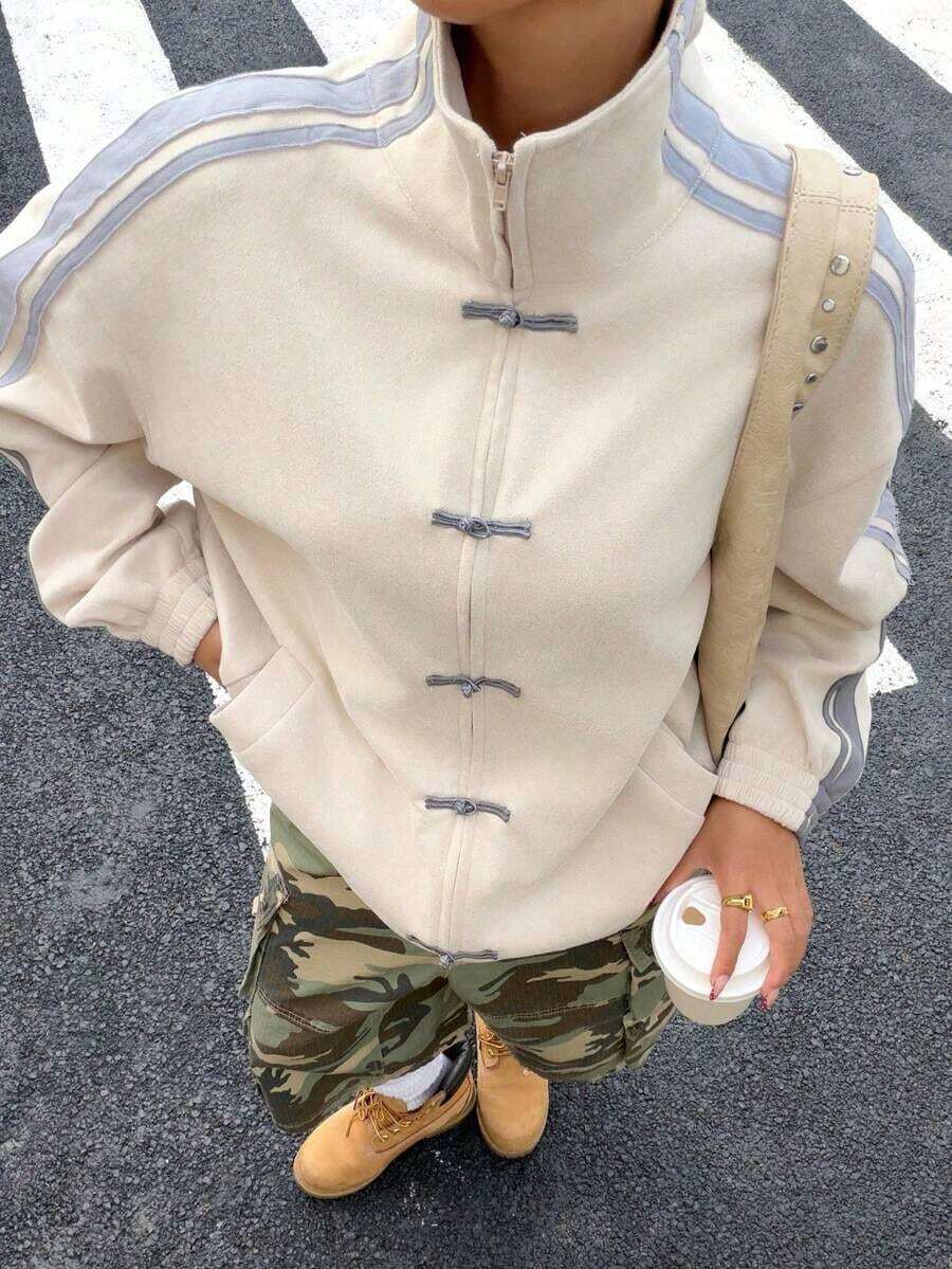 Chaqueta ligera con cremallera, cuello alto, contraste de rayas laterales y botones para mujer, estilo deportivo casual de moda para primavera/otoño - Albaricoque - Ver 1