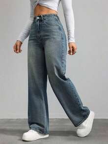 Unity Jeans de mezclilla de pierna ancha recta de diseño simple con cintura alta para mujeres a la moda - Azul lavado medio 4 - Ver 4