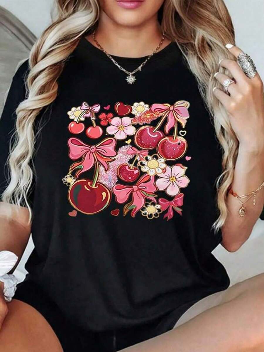 Estampado de cerezas rojas con lazos rosados y flores que simbolizan alegría y ternura camiseta para mujer 100% algodón casual cómoda