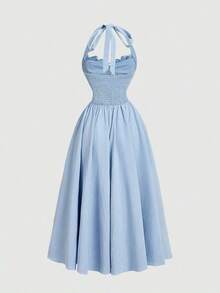 sfvsSHEIN MOD Vestido de mujer con cuello halter, fruncido y lazo, color azul marino, conjunto de ropa para fiestas, atuendo de Año Nuevo, vestido de baile de máscaras, conjunto de ropa de cumpleaños para mujer, vestido sexy azul marino, vestido con lazo, vestido de princesa para Año Nuevovfdw DIJD - Azul - Ver 5