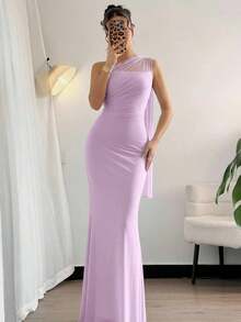 Vestido largo ajustado con cuello asimétrico elegante y romántico, adecuado para fiestas, playa, vuelta al colegio, citas románticas, temporada de bodas, cumpleaños, Pascua, primavera/verano - Rosa 2 - Ver 11