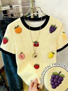 Camiseta de manga corta de cuello redondo con ribete a rayas, casual de verano para mujer - Multicolor 6 - Ver 1
