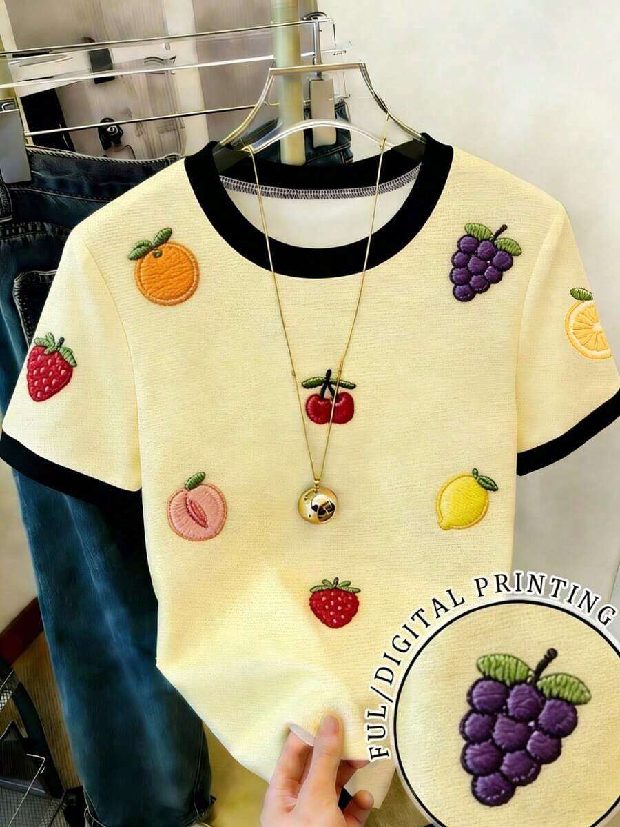 Camiseta de manga corta de cuello redondo con ribete a rayas, casual de verano para mujer - Multicolor 6 - Ver 1