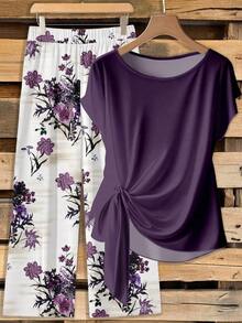 Conjunto de 2 piezas de blusa con lazo y pantalones rectos para mujer, informal - Multicolor 5 - Ver 1