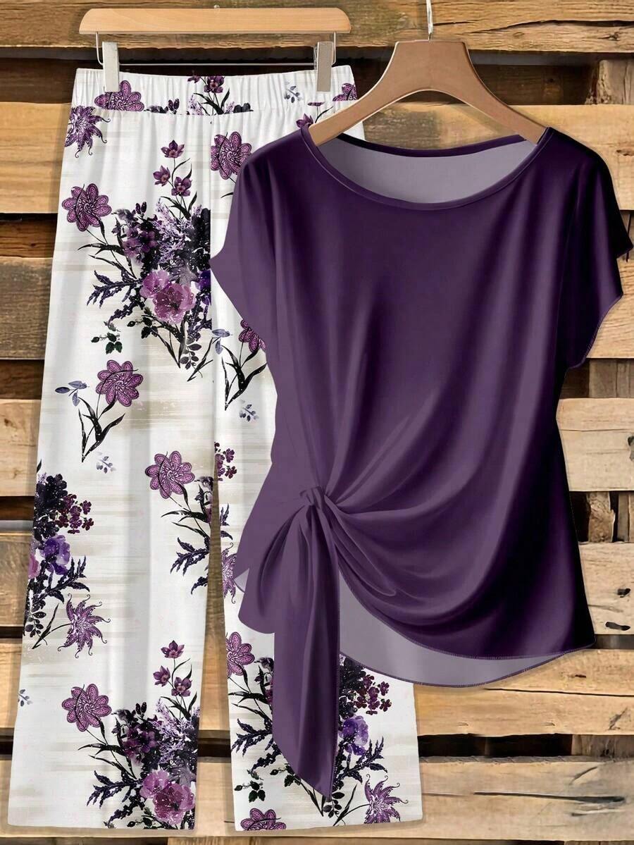 Conjunto de 2 piezas de blusa con lazo y pantalones rectos para mujer, informal - Multicolor 5 - Ver 1