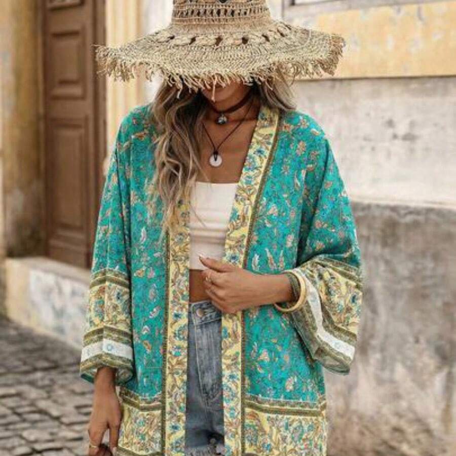 Open Front Graphic Print Kimono Summer - Verde - Ver 1