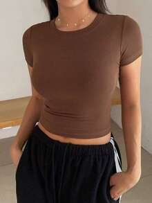 Camiseta de manga corta de unicolor casual para mujer, verano - Marrón 2 - Ver 7