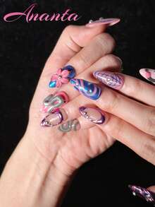 10pcs Handmade Almond-Shaped Nail Stickers, Y2K Style, Colorful Patchwork, Hand-Painted Asymmetrical Patterns, Metallic Finish, 3D Embossed Flowers, Matte Texture, Suitable For Party, Wedding, Daily Wear, Comes With Tool Kit, Fit For Girls And Women Nails - Multicolor - View 5