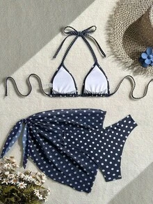 Swim Mod Conjunto de bikini de 3 piezas con estampado de lunares, escote halter y espalda con lazo, para vacaciones en la playa, atuendo de primavera, carnaval 2026, elegante, casual, traje de baño con falda - Azul marino - Ver 2