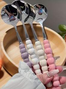 Elegant Stainless Steel Soup Spoon, Imitation Pearl Porcelain Handle, Oval Long Design,Reusable Dinner Spoon Perfect For Rice, Soup, Home Dining, Kitchen, Banquet And Daily Meal Use, Stylish Tableware Decor - Multicolor - View 8