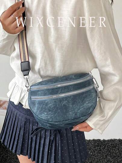 Fashion Double Zipper Waist Bag, Women Faux Leather Crossbody Bag With Wide Strap