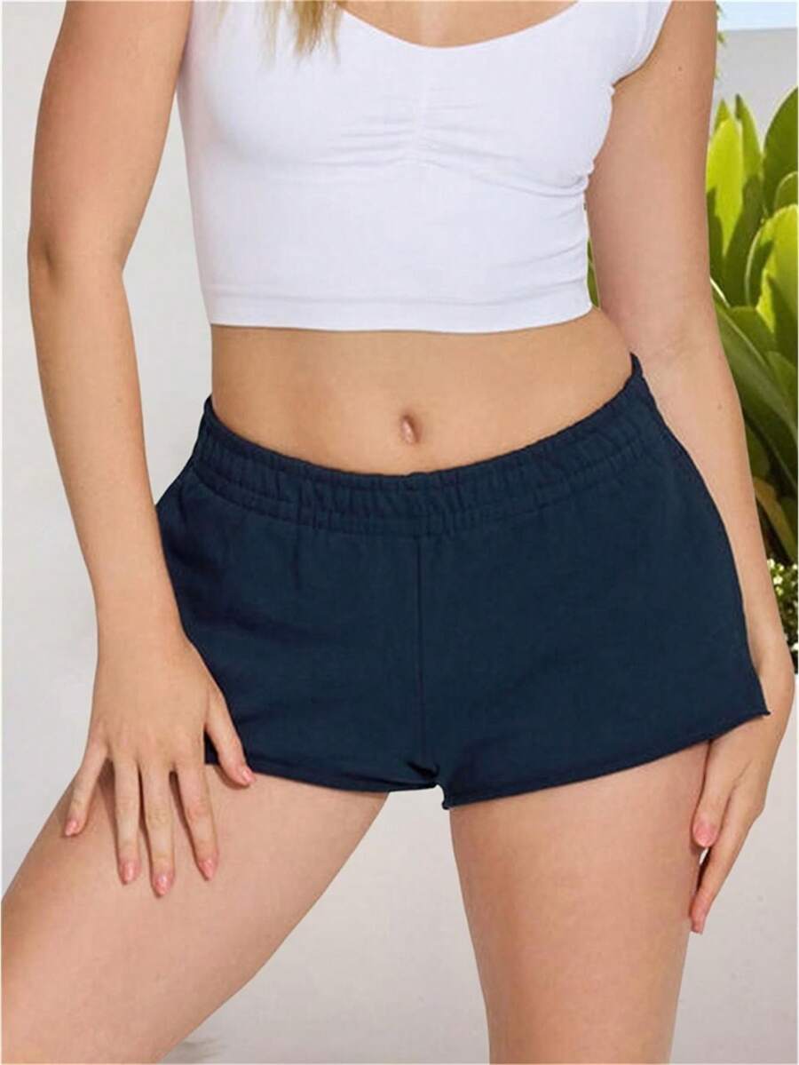 Pantalones cortos de yoga casuales de verano para mujer, color liso, cintura elástica, estilo jogger holgado. - Azul oscuro - Ver 1