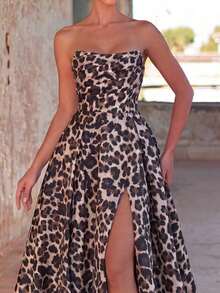 Vestido de noche elegante de mujer con fruncidos y abertura alta - Vestido formal de primavera/verano, adecuado para bodas, galas, alfombras rojas, fiestas, invitados de boda, fiesta de vacaciones de verano - Marrón - Ver 4