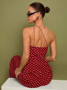 Set de 2 piezas de Top con hombros y pantalones a lunares para mujer, uso casual minimalista de todos los días - Burdeos - Ver 5