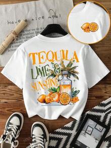 Loose, Casual And Versatile Women's T-Shirt, Y2k Style, With Round Neck And Short Sleeves, Ideal For Informal Parties At The Tequila & Lime Cocktail Bar, Social Butterfly Girls Club. - 黑色 - 查看 10