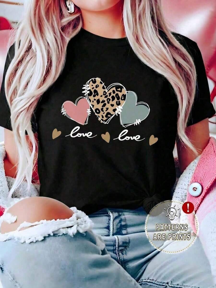 Womens Casual Black Short Sleeve Round Neck-shirt with Leopard Heart and Love Print Regular Fit Polyester Top blusas para mujer playeras de mujer blusas casuales para dama