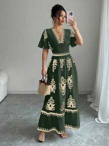 Vestido largo con mangas cortas, cintura fruncida y cinturón con estampado floral para mujeres - Multicolor 3 - Ver 6